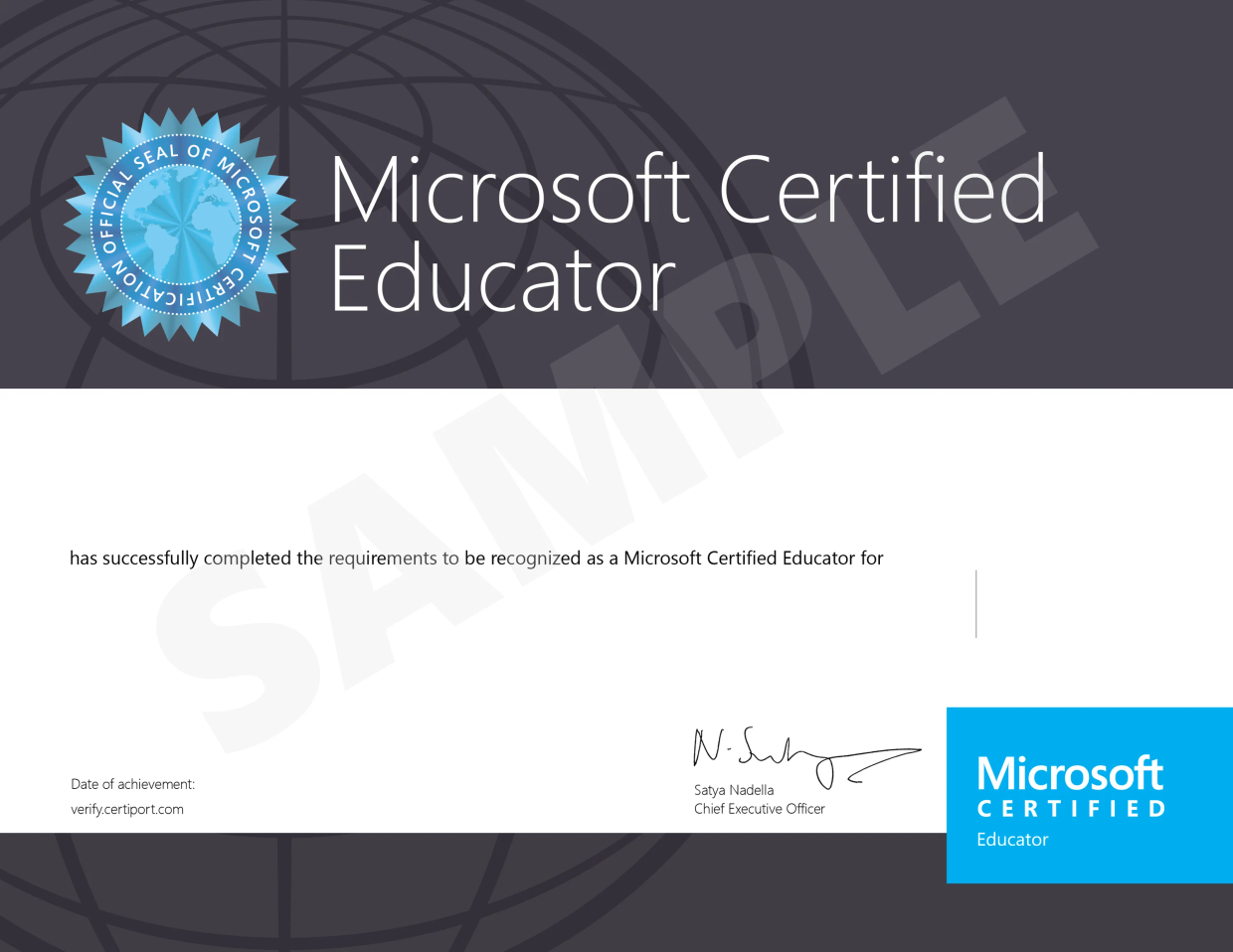 Microsoft Certified Educator — sample certificate