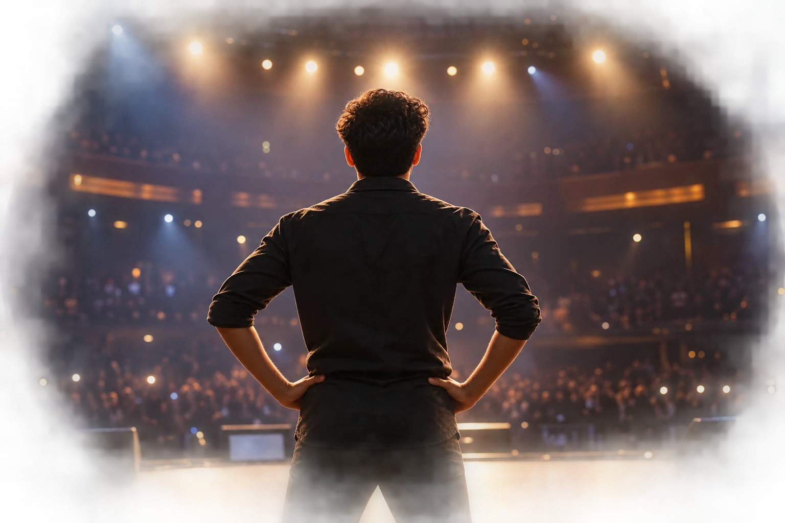 A performer standing in the spotlight, hands on their hips, facing a full house